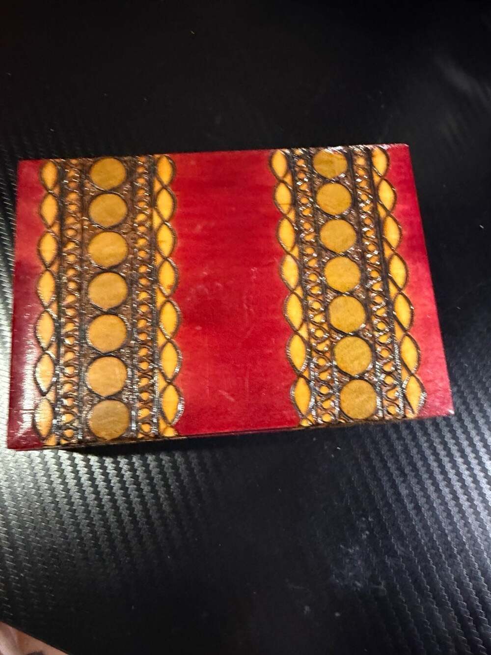 Vintage Hand Carved Wooden Trinket Box Red and Gold Folk Art Keepsake